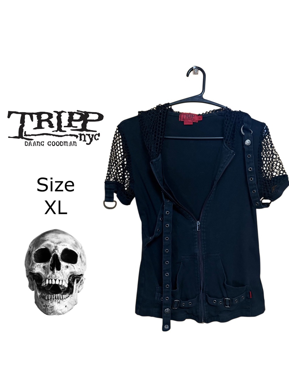 Tripp NYC Black Short Sleeve Zip-Up Hoodie with Mesh Sleeves feels like XS